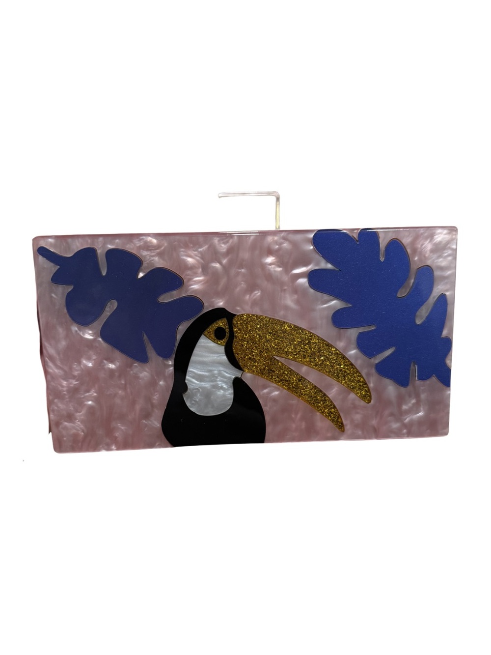 Pink Toucan Acrylic Clutch with Gold Beak and Blue Leaves